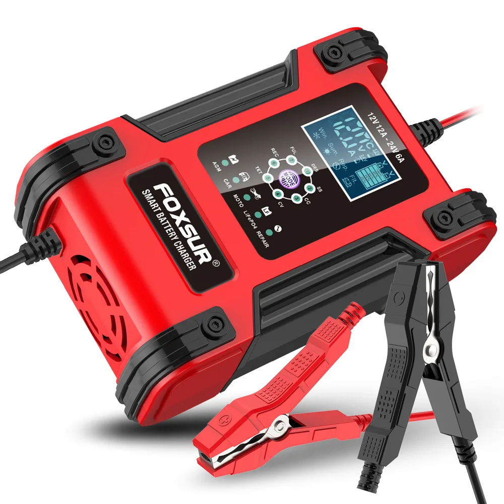 Foxsur Motorcycle Car Truck Battery Charger 12V 24V 12A Automatic AGM LFP Lithium Repair Pulse Charger for Lead Acid Wet Dry