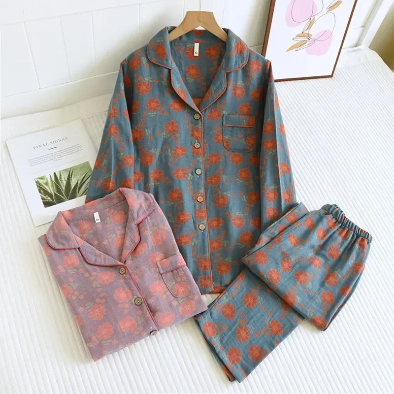 

Sleepwear Autumn Cotton Thin Set Yarn-dyed 2 Pants Clothes Retro Pieces Clothing Home Sleeved Pajamas Long Women's