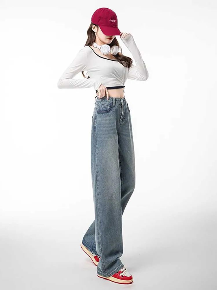 Pantalones vaqueros informales de pierna recta para mujer, Jeans holgados de cintura alta y larga Harajuku para novio