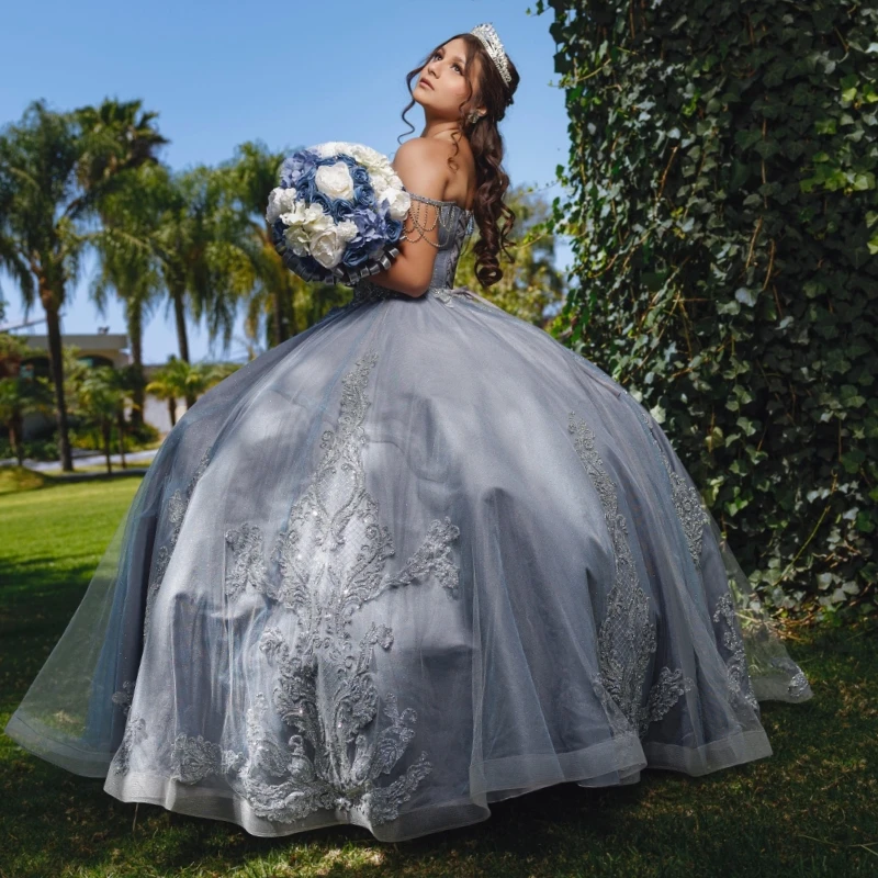 Vestidos De quinceañera azul y gris con hombros descubiertos, vestido De baile dulce 16, apliques De encaje con cuentas, Vestidos De fiesta De cumpleaños De tul 15