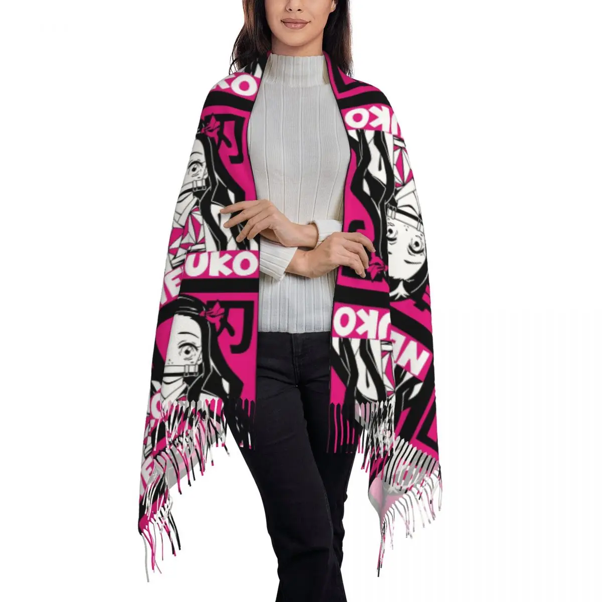 Demon Slayer Nezuko Tanjirou Inosuke Scarf Tassel Scarves Women Soft Warm Shawls and Wraps Long Fall Winter Shawl Wrap