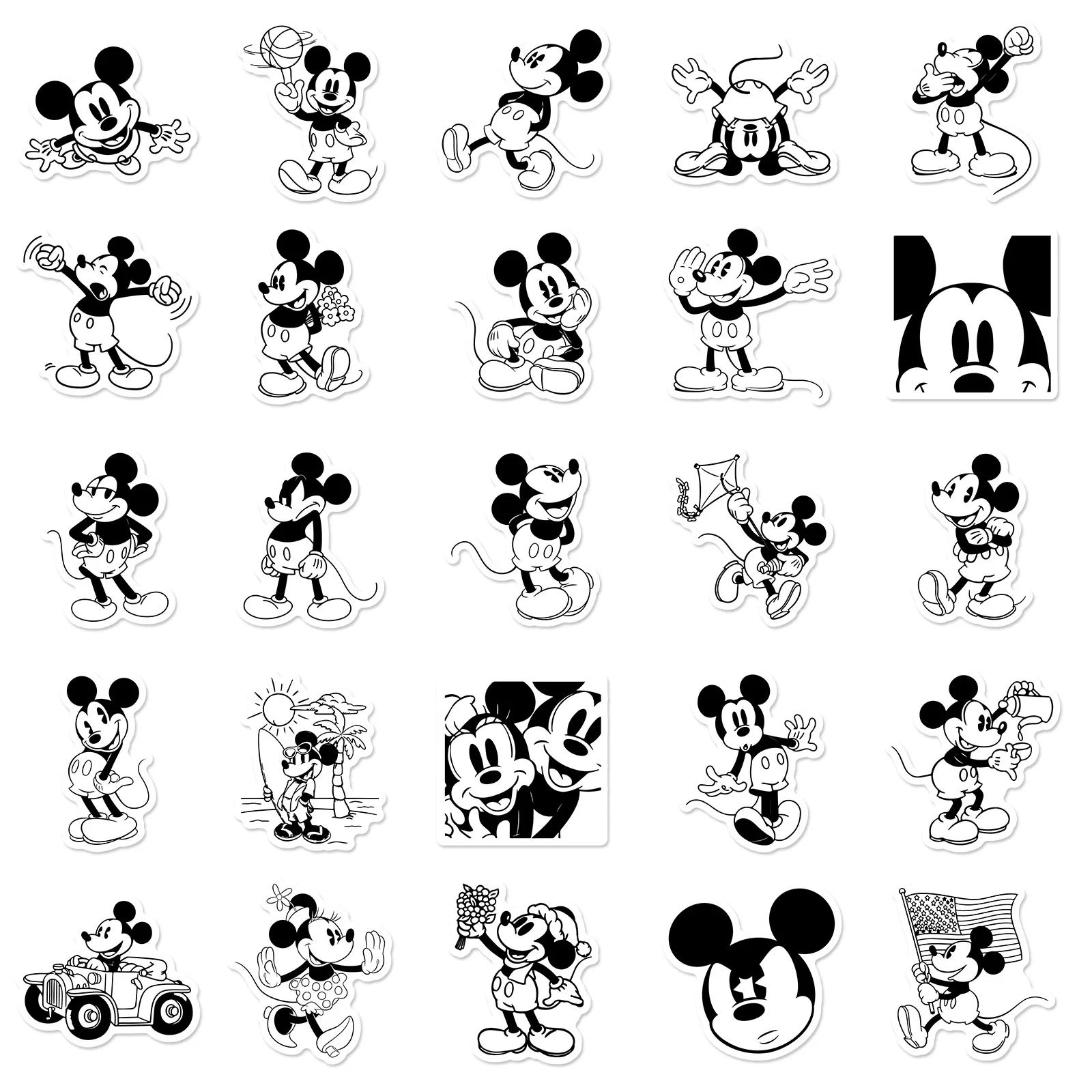 10/30/50PCS Black White Mickey Mouse Mickey Minnie Sticker DIY Phone Laptop Luggage Skateboard Graffiti Decals Fun for Kid Gift