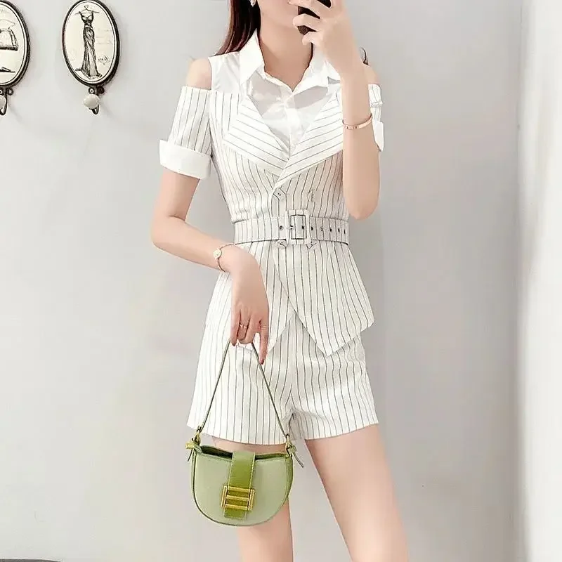 Summer Fashion 2024 Female Shorts New Women\'s Short Sets 2 Pieces Stripes Korean Style Promotion Novelty In Casual Complete Two