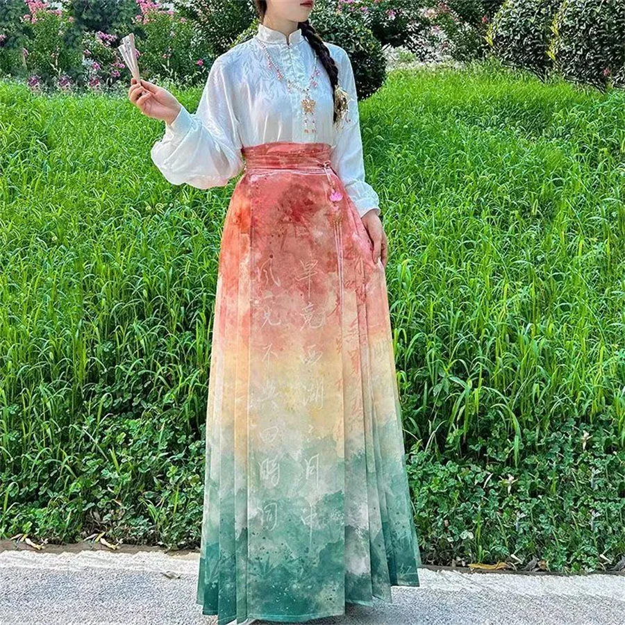 Hanfu Horse Face Skirt Chinese Hanfu Blouse + Red Blue Ma Mian Skirt Chinese Clothes Women Modern Ming Hanfu COscos