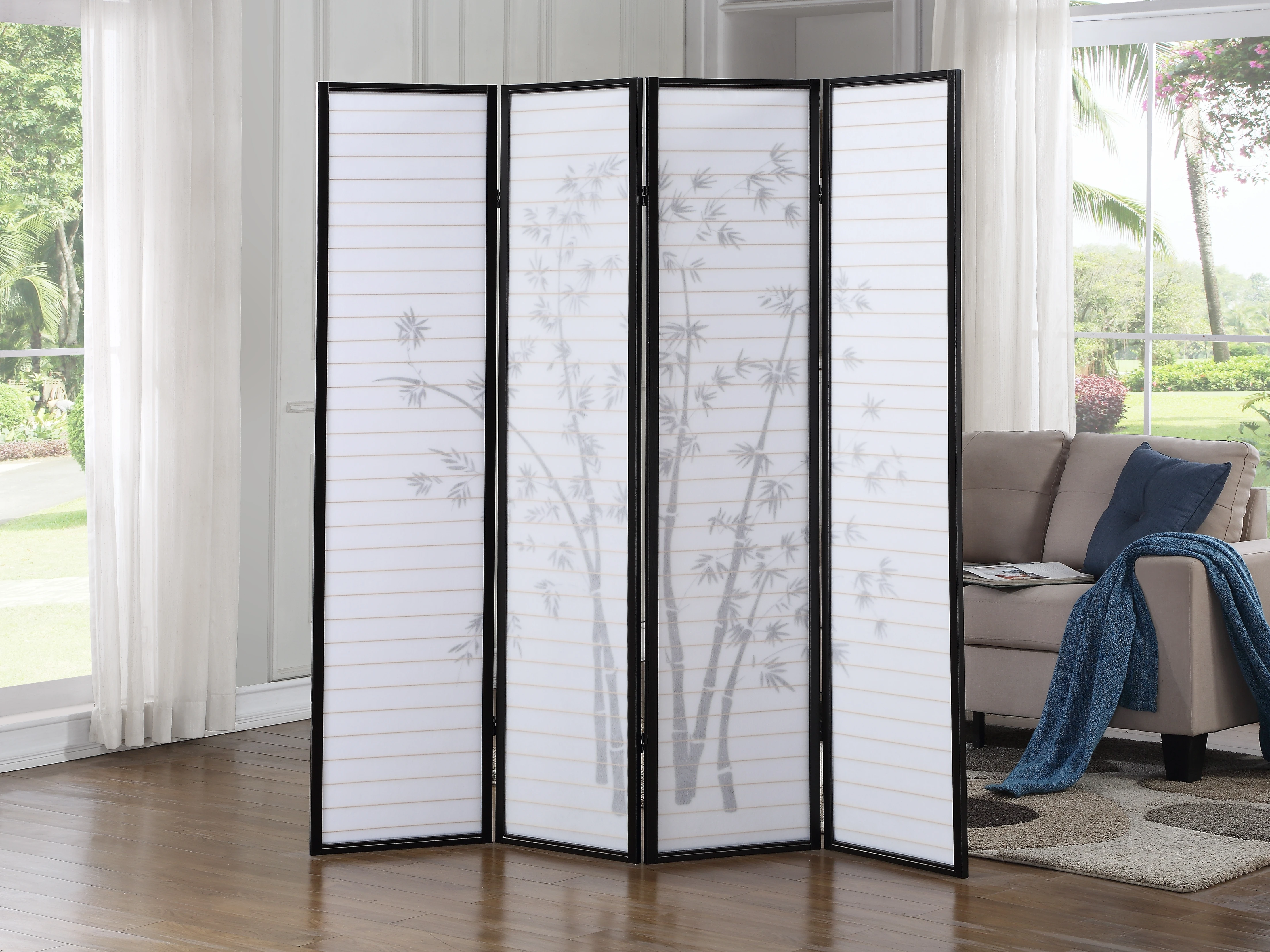 Bamboo Print 4-Panel Framed Room Screen/Divider, Black