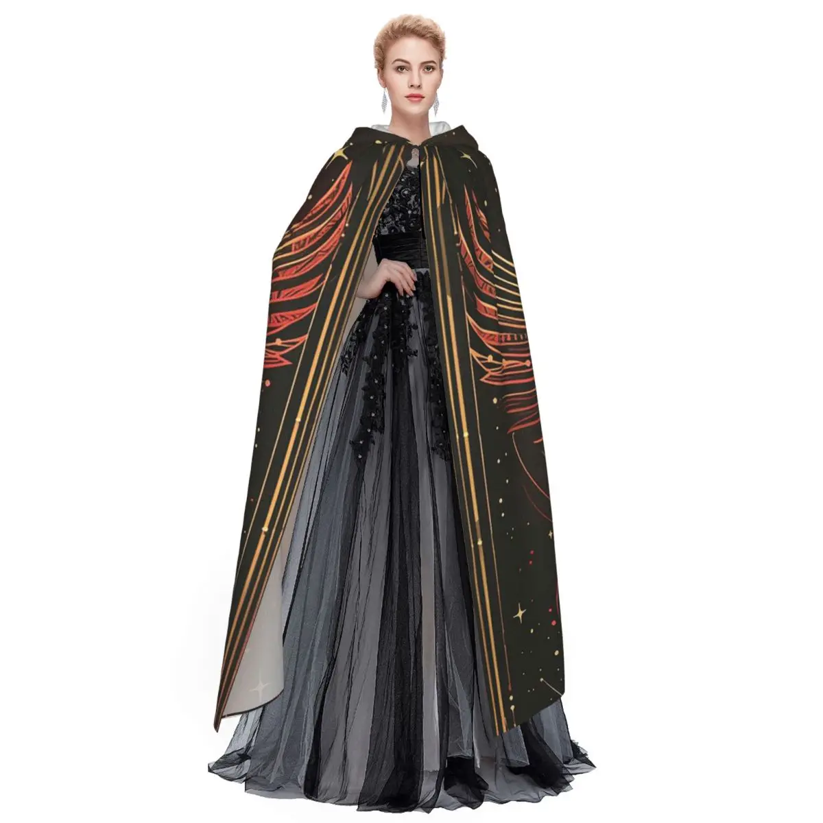 فينيكس الطيور الأسطورية مع أجنحة الناري عباءة طويلة مقنعين الساحرة القرون الوسطى زي تأثيري كيب هالوين مصاص دماء الكبار للجنسين