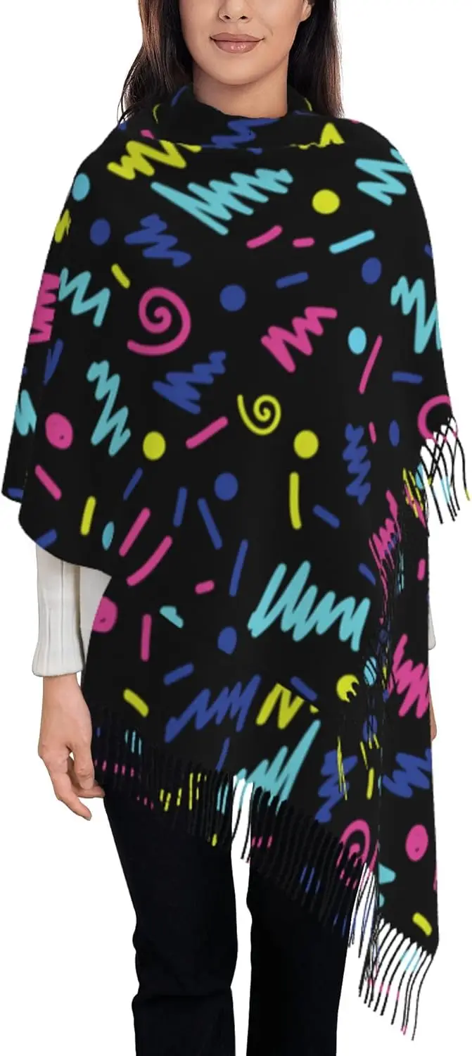 80s 90s مشرق النيون سيدة نمط طويل دافئ شرابة وشاح أطول أنيق مطبوعة شالات طباعة شرابة وشاح لينة الدافئة وشاح كبير #6