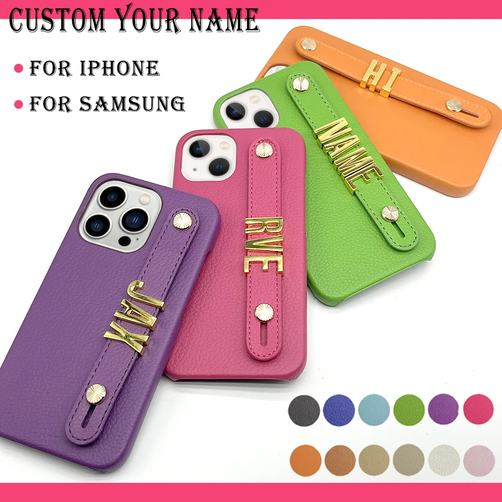 Holding Strap Personalised Custom Name Gold Metal Letters Leather Phone Case For Iphone 14 13 12 11 Pro Max Mini 7 8 Plus Cover