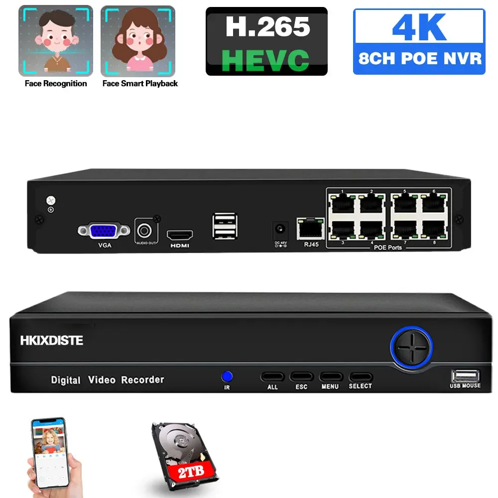 

H.265 POE NVR 8CH 4K CCTV IP Network Video Surveillance Recorder 8 Chanenl Motion Detection XMEYE NVR Security System 8MP P2P