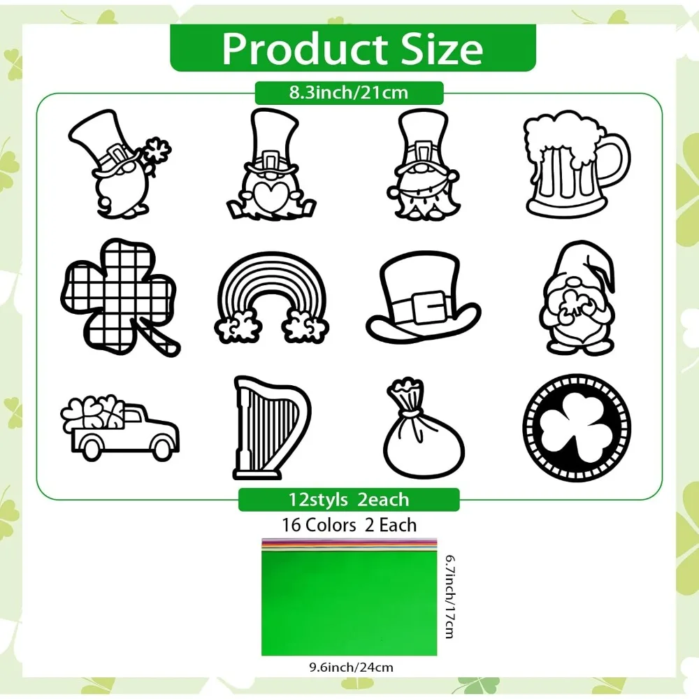 24 Pcs St. Patrick's Day Stained Glass Effect Paper Suncatchers St. Patrick Window Clings Shamrock St. Patrick's Gnome