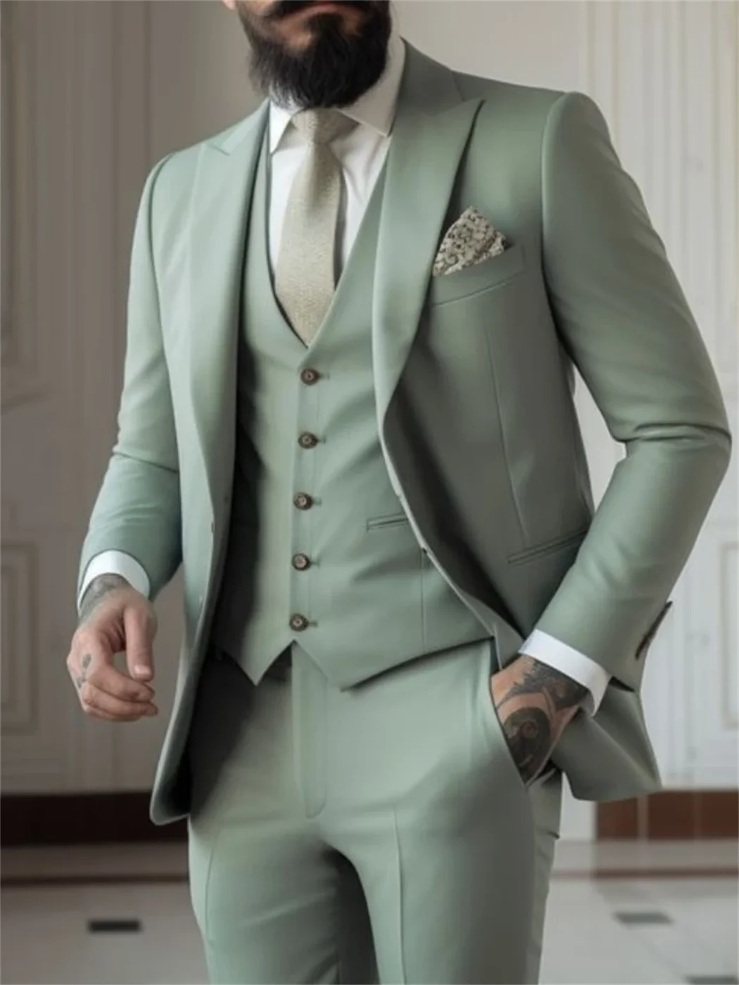 3 Piece Sage Green Men\'s Slim Fit Suits (Jacket+Vest+Pant) Wedding Groom Tuxedos Prom Formal Male Party Blazers