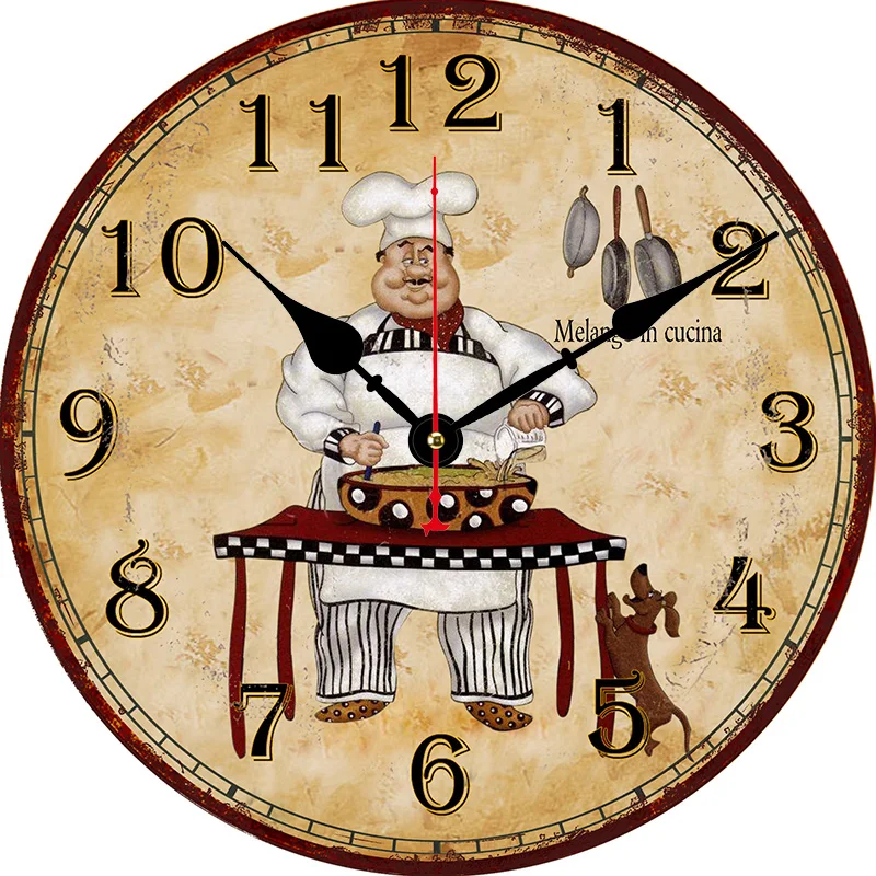 Reloj de pared redondo con diseño de Chef de cocina Vintage, sala de estar, dormitorio, cocina, decoración del hogar, reloj de pared, reloj de cuarzo silencioso