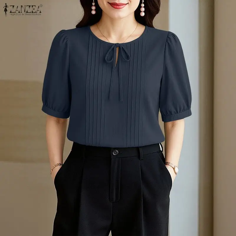 

Женские повседневные блузки ZANZEA с плиссировкой, на шнуровке, с круглым вырезом, короткими пышными рукавами, однотонные топы, летние ретро-блузки для чаепития