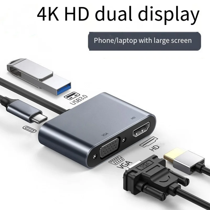 4-in-1 Type C Adapter Hub To HDMI-compatible VGA USB 3.0 Digital AV Multiport Adapter With TYPE-C PD Charging Port Compatible