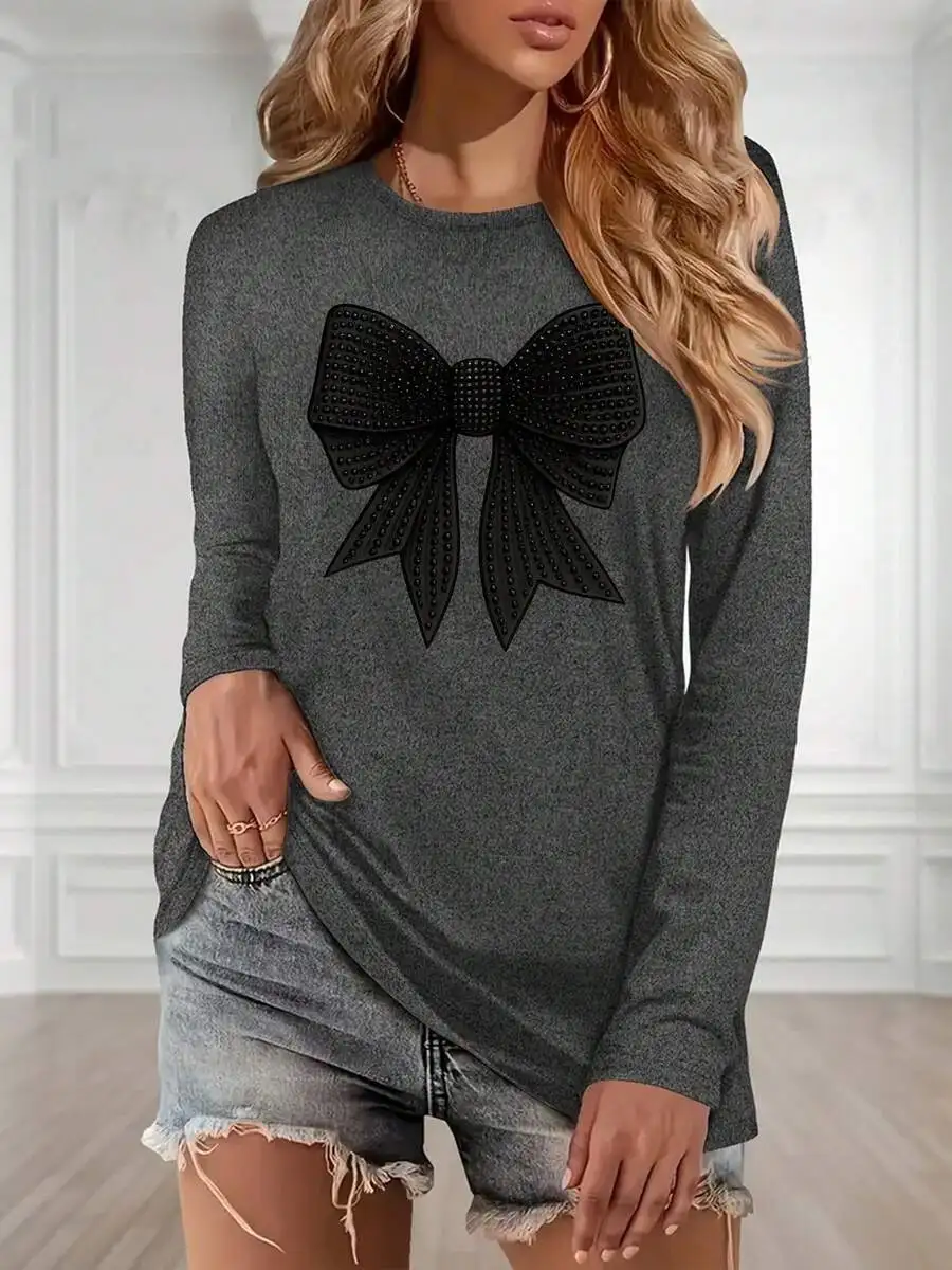 

Womens Long Sleeve T-Shirt With Bow Detail, Geometric Pattern, Casual Elegant Style