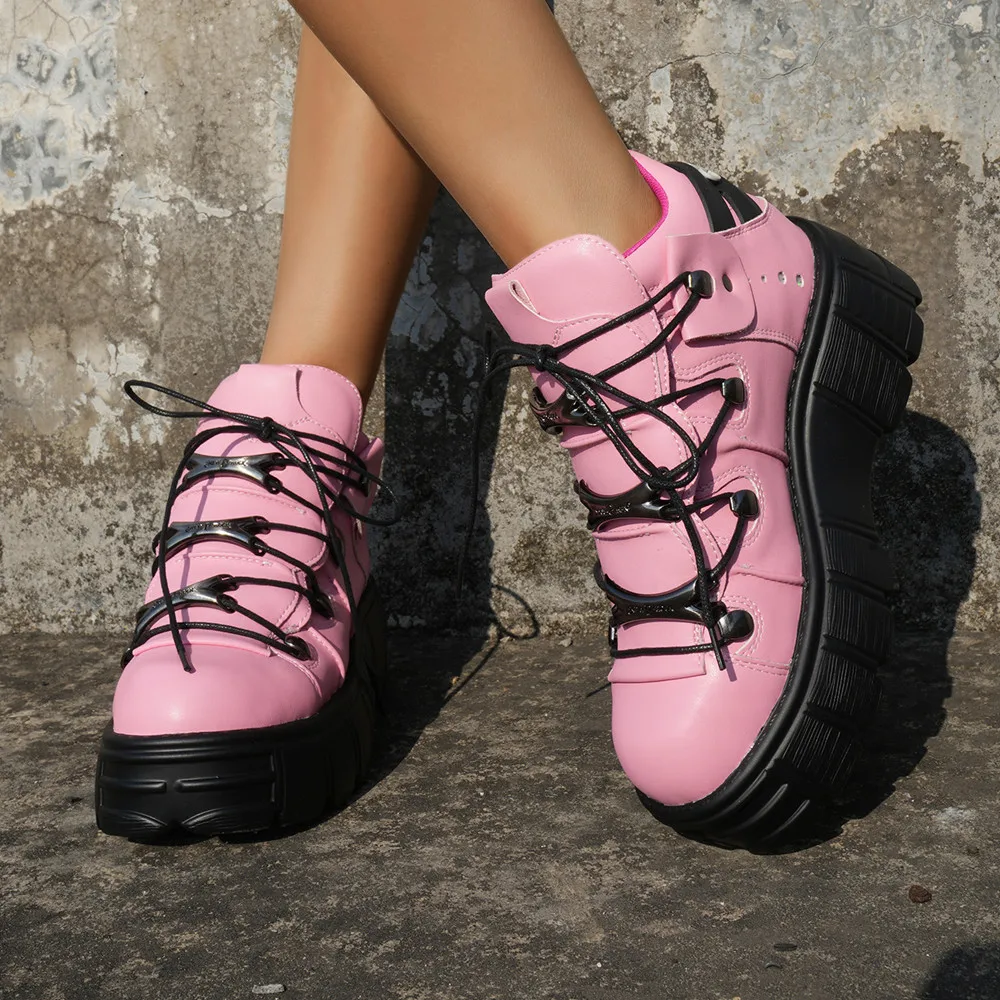 Botas de tornozelo femininas rosa para mulher rendas dedo do pé redondo punk curto botas mujer fundo grosso decoração de metal sapatos de plataforma plana