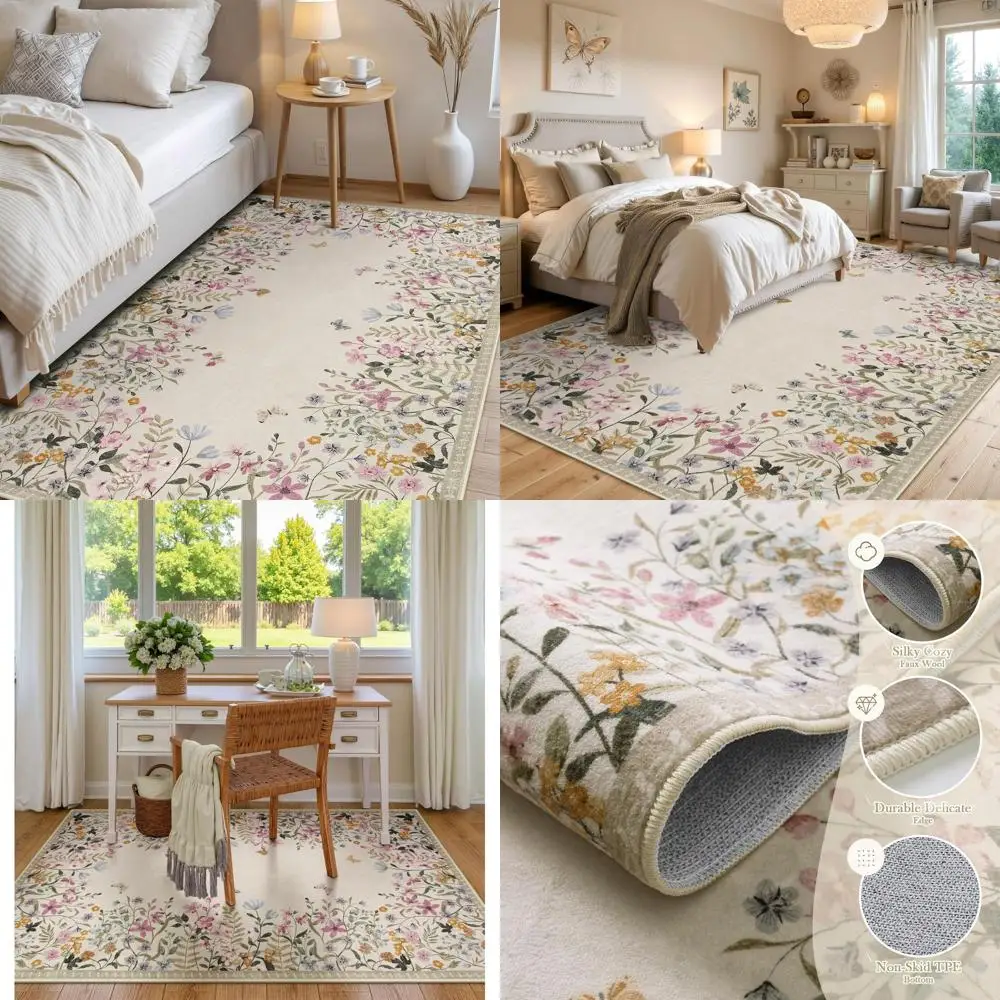 

Цветочный ковер 4x6 для спальни, моющийся ковер для гостиной, нескользящий придверный коврик, низковорсовый бежевый коврик с ботаническим узором