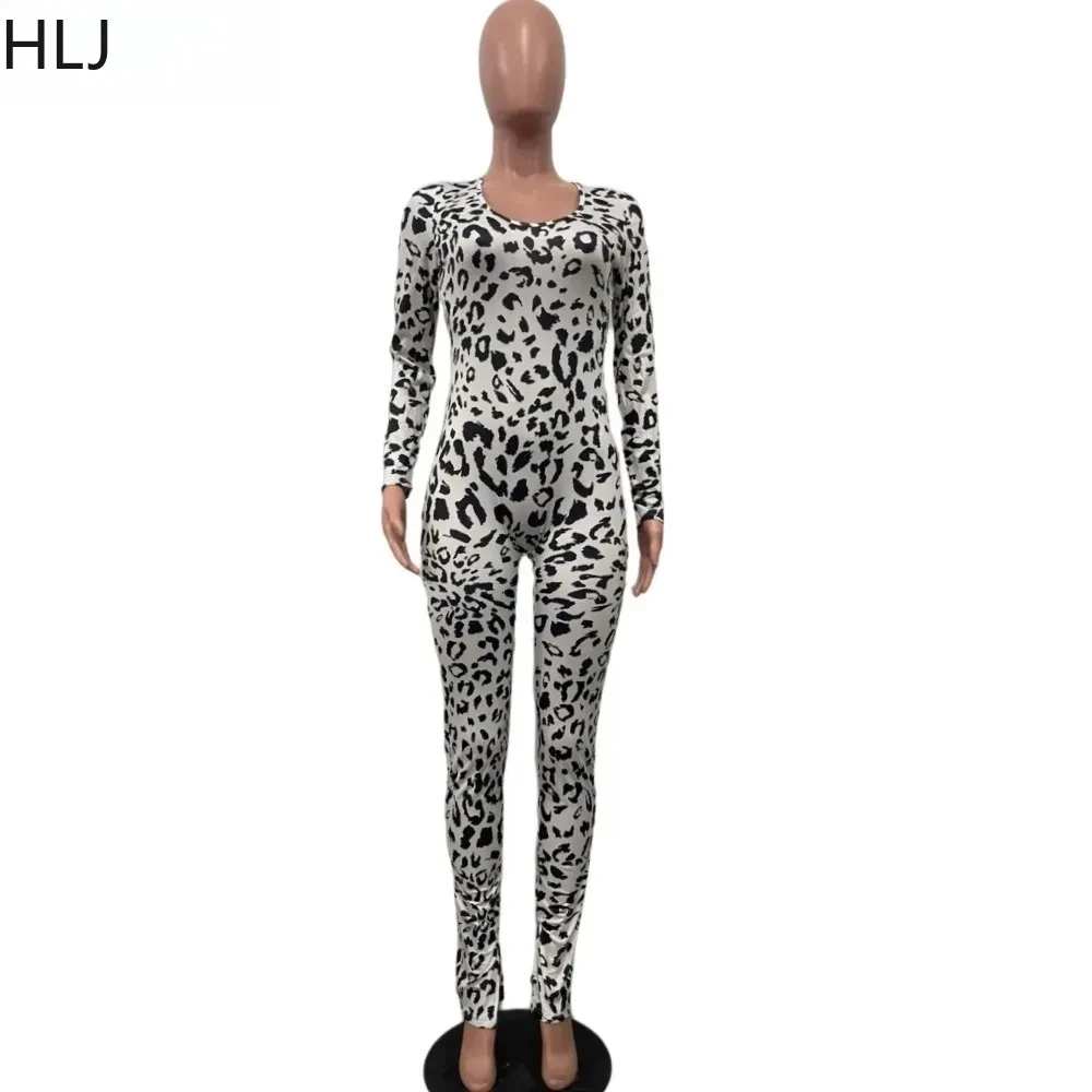 HLJ Tute aderenti leopardate con lacci sexy senza schienale Donna O Collo Pantaloni skinny a maniche lunghe Tute intere Moda generale