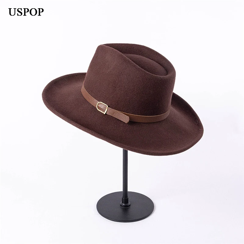 USPOP 2022 New Autumn Vintage Belt Wide Brim Wool Jazz Fedoras Winter Women Wool Hats