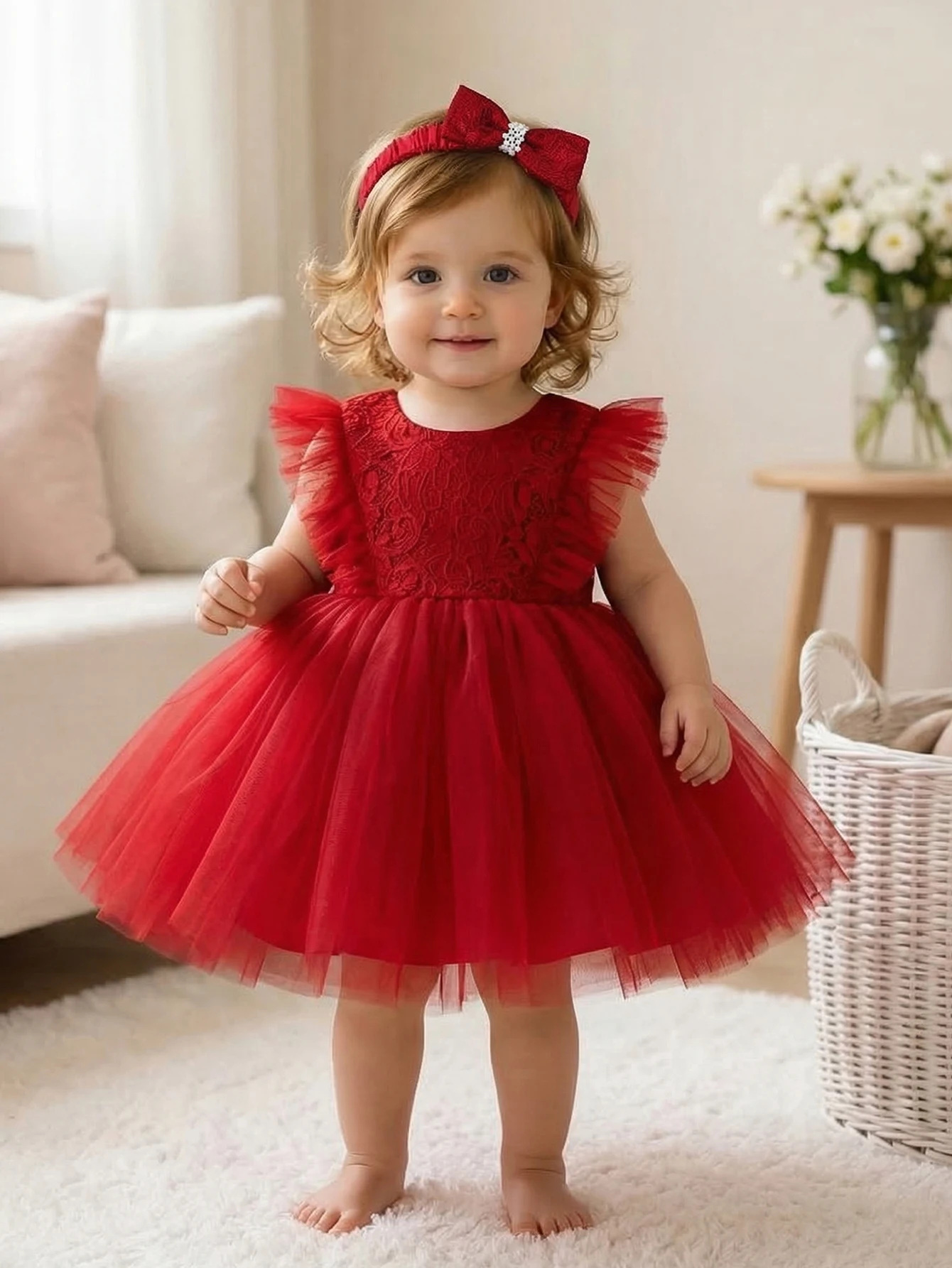 

Baby Girl Red Lace-embroidered Net-sheer Soft Comfortable Elegant Dress. Suitable for Birthdays,Daily Wear,Vacations,Weddings