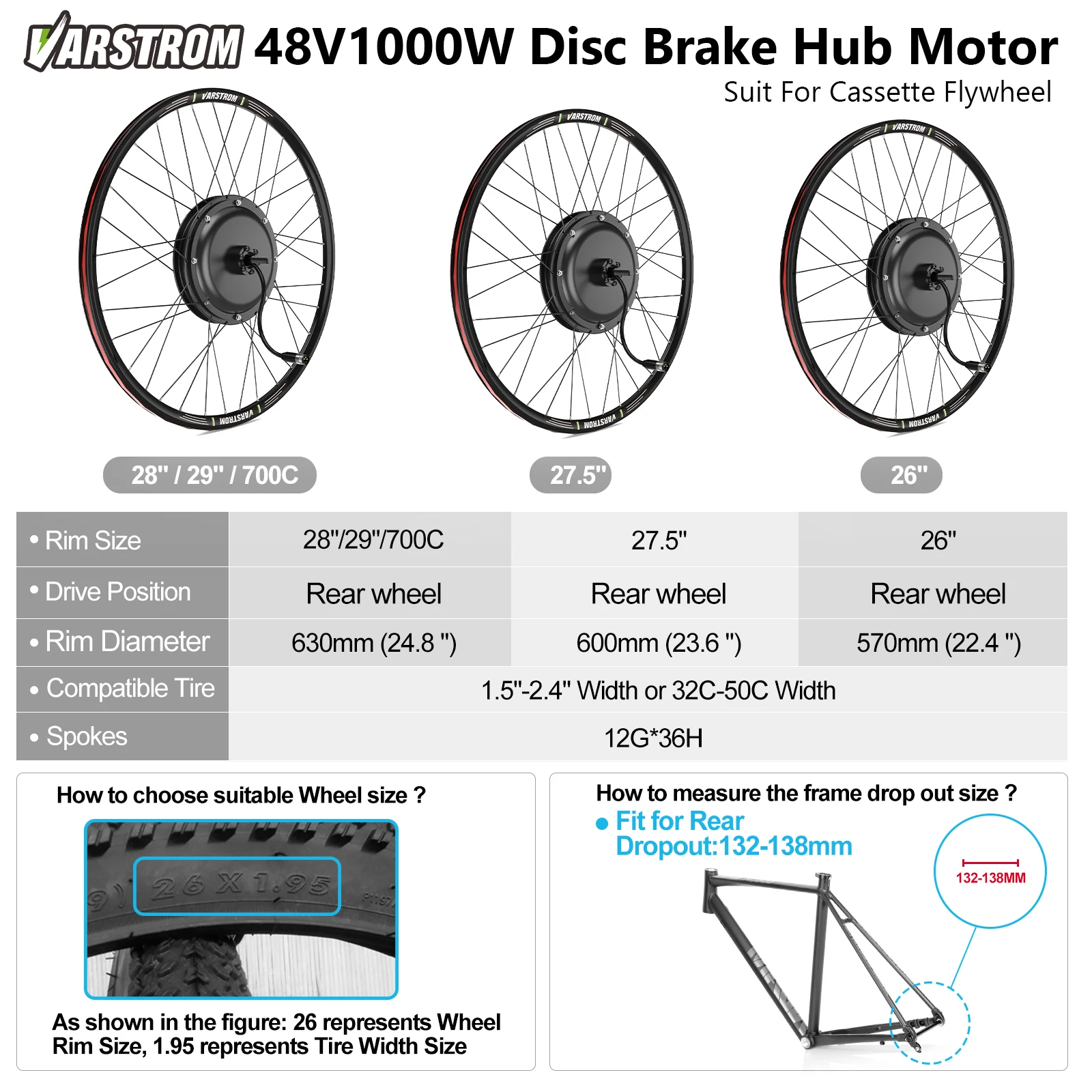Silnik w piaście koła Varstrom 48V 1000W 1500W Zestawy do konwersji rowerów elektrycznych eBike Silnik z napędem tylną kasetą z baterią Hailong