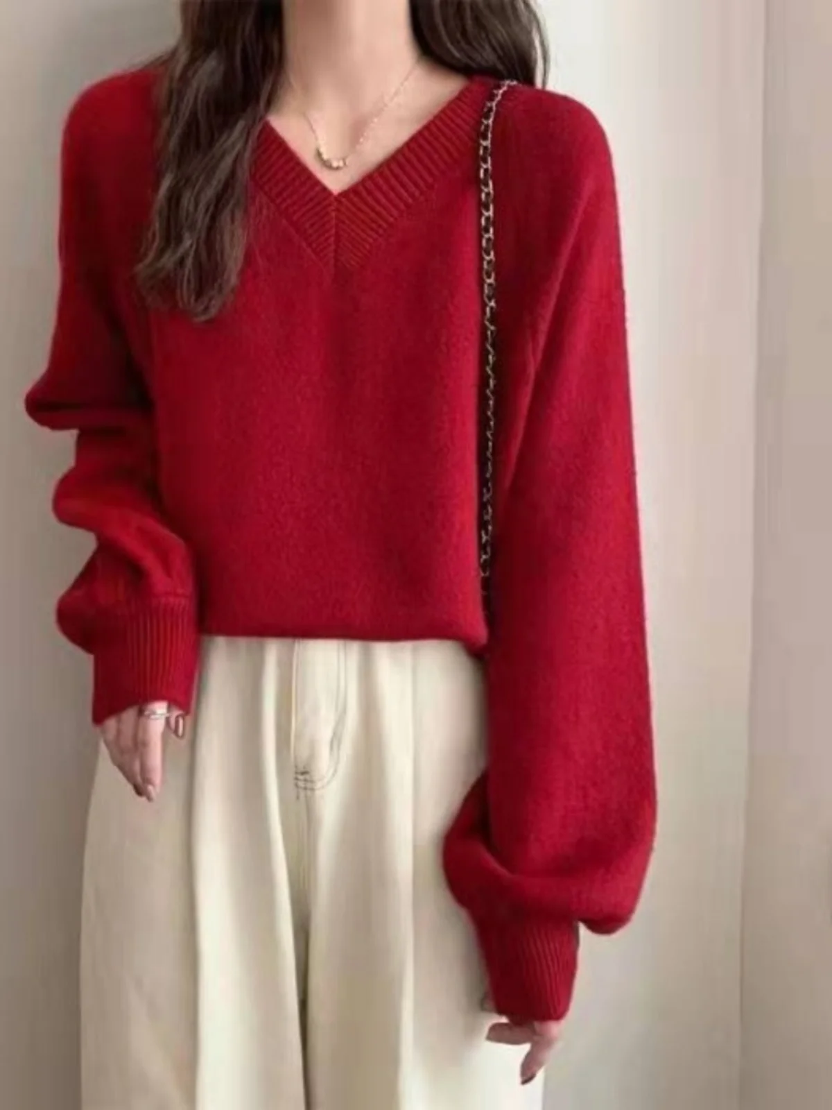 Chic V-Ne Pullover Knitwear Bubble Sve Loose Women's Sweater Spring Autumn New Sle Comfortable Pure Color Outerwear