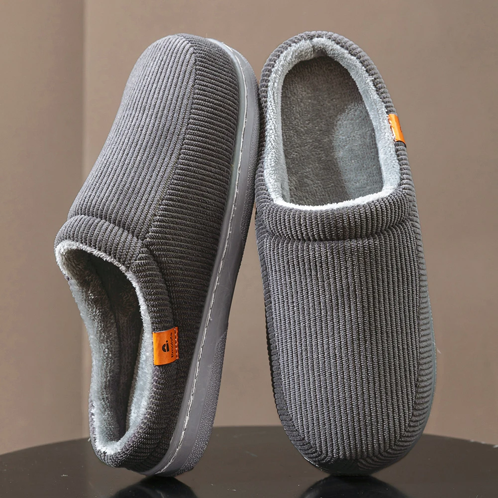 Men's Striped Corduroy Slippers TPR Sole Cushioning Memory Foam Insole Men's Warm and Soft Winter Indoor Shoes