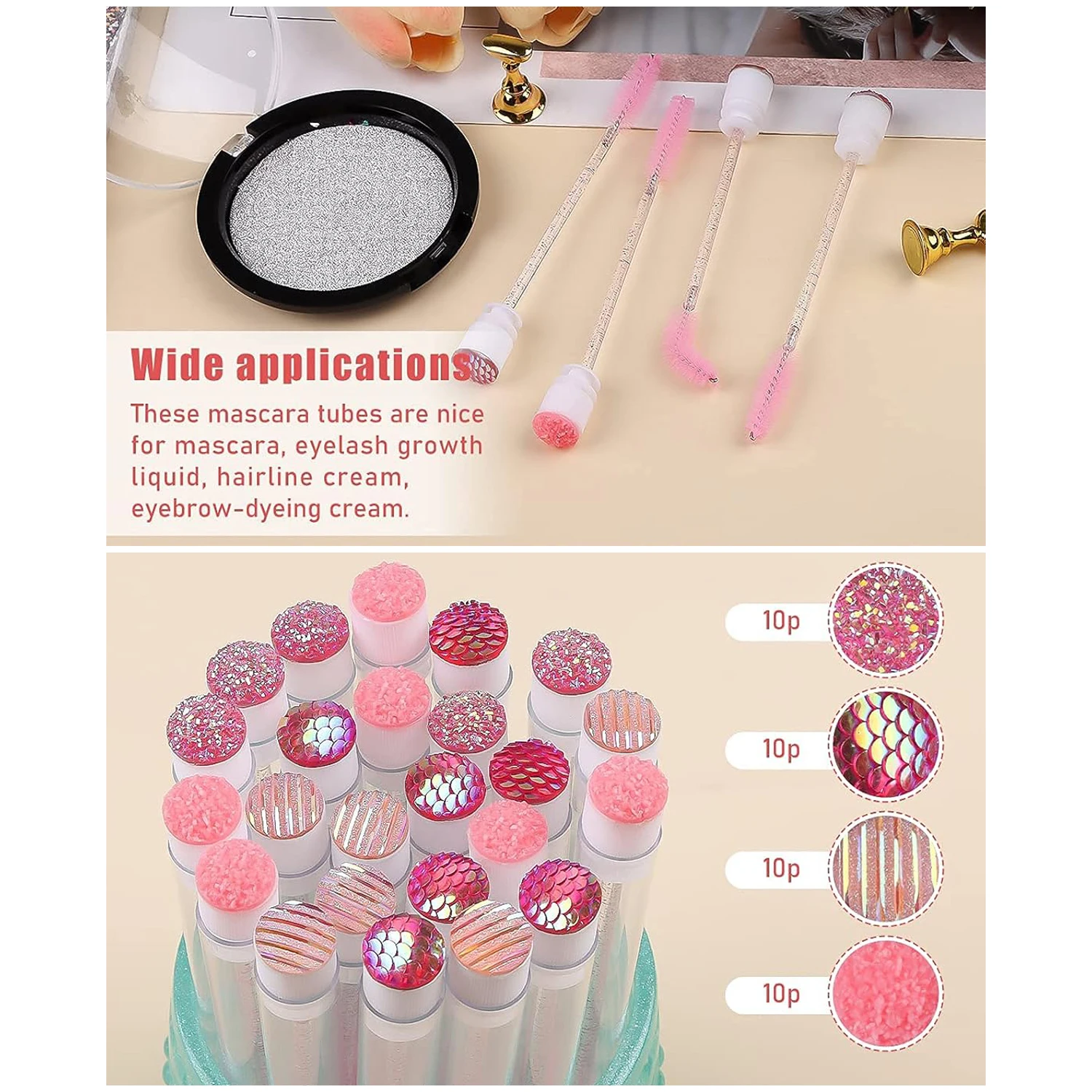 Ebanku 40 pièces ensemble de tubes de brosse à cils rose 40 pièces Tube de baguette de cils vide en diamant réutilisable 40 pièces baguette de brosse à cils en cristal jetable, pour le maquillage des femmes filles