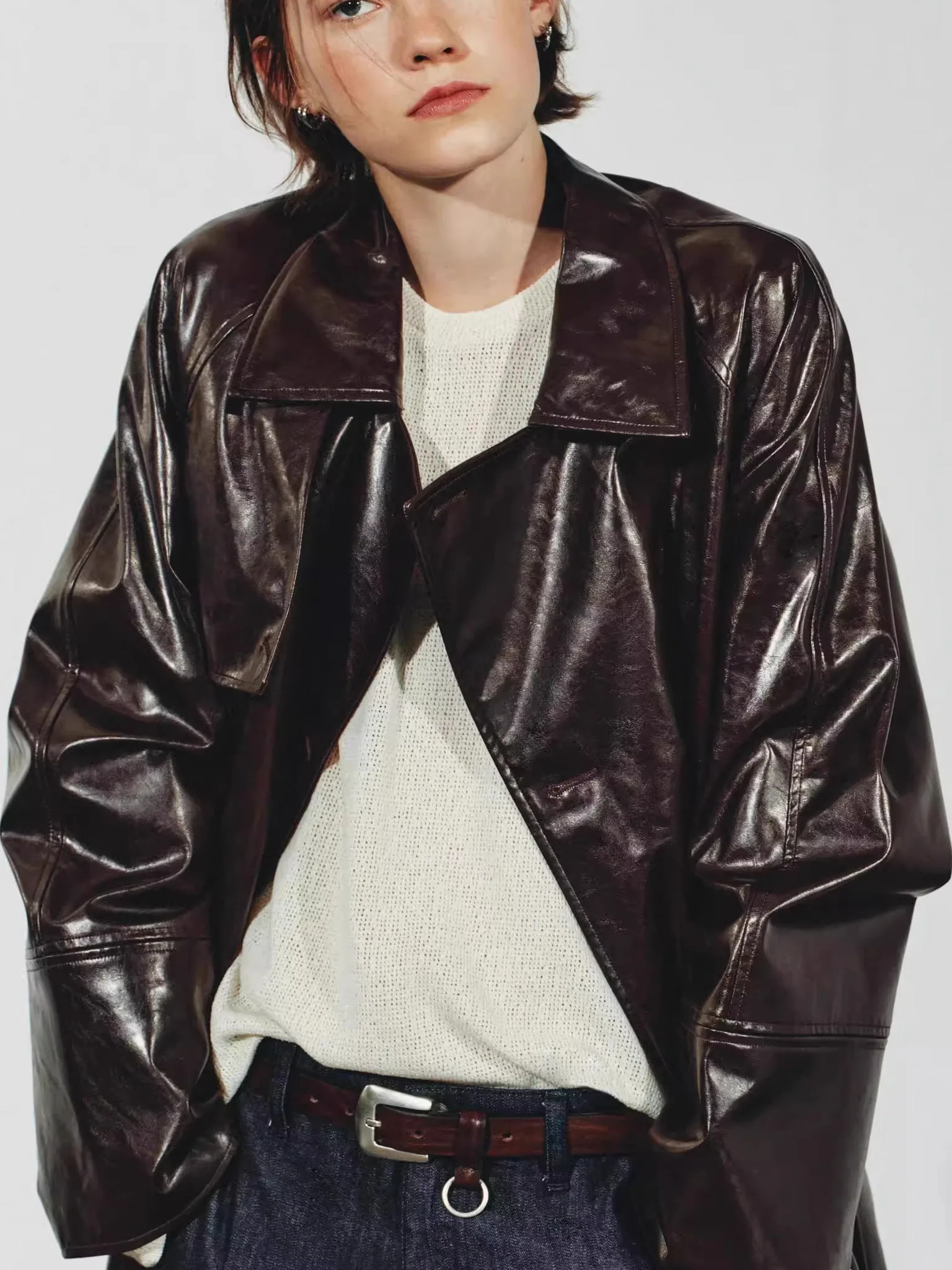 معطف نسائي لخريف 2025 مصنوع من جلد البولي يوريثان معطف Jaet طويل Sve بياقة مقلوبة وصل حديثًا ملابس خارجية فضفاضة للسيدات #3