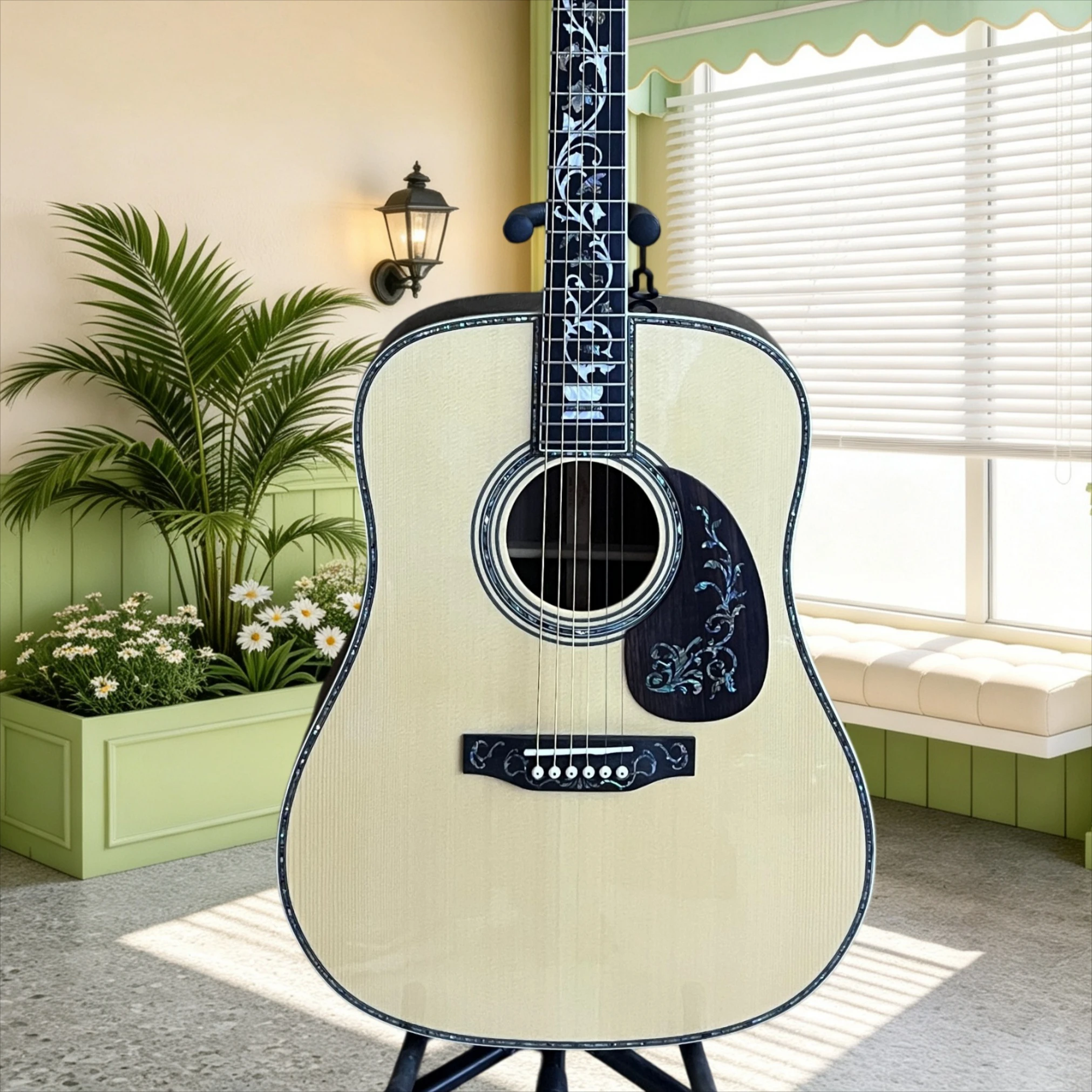 41 Inch D45 Acoustic Guitar Spruce Top Rosewood Back Sides Abalone Floral Inlay Musician Fingerstyle Sing Recording Performance