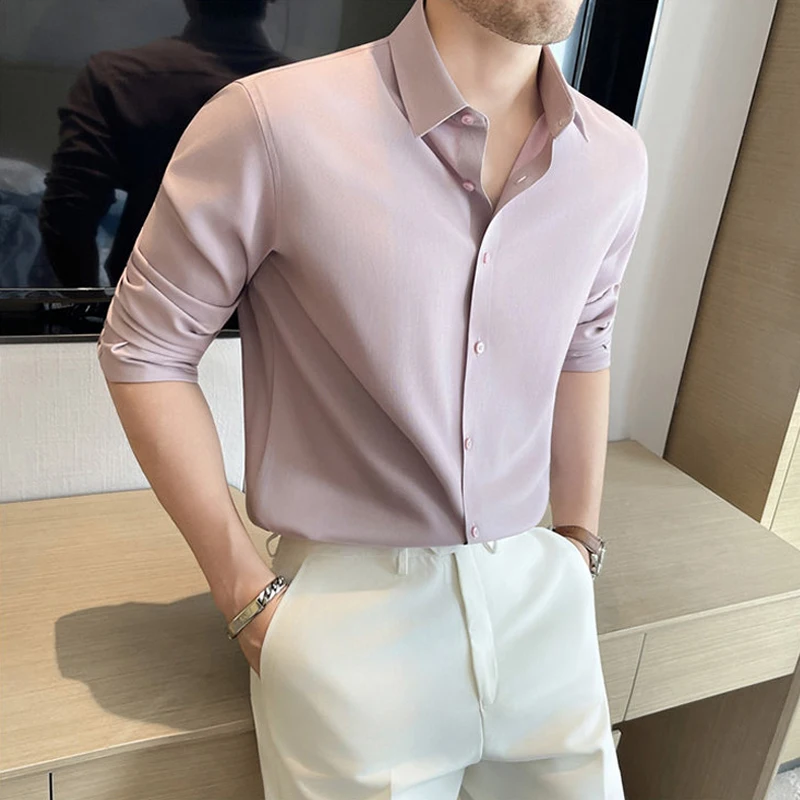 

Высококачественные шелковые рубашки для мужчин, деловые формальные мужские рубашки с длинными рукавами, облегающие мужские классические рубашки, офисные мягкие однотонные рубашки Camisas De Hombre