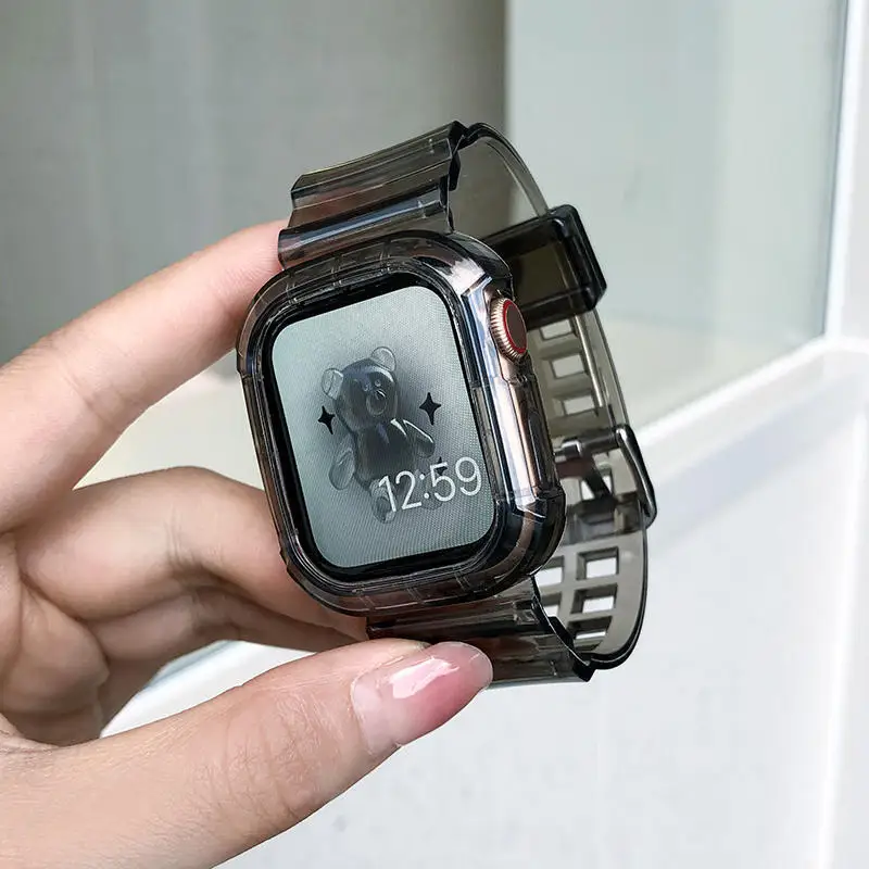 Für Apple Watch Armband 44mm 40mm 45mm 41mm 42mm 38mm 49mm Transparentes Silikonarmband iWatch Series 9 8 7 6 5 4 3 SE Hülle+Armbänder