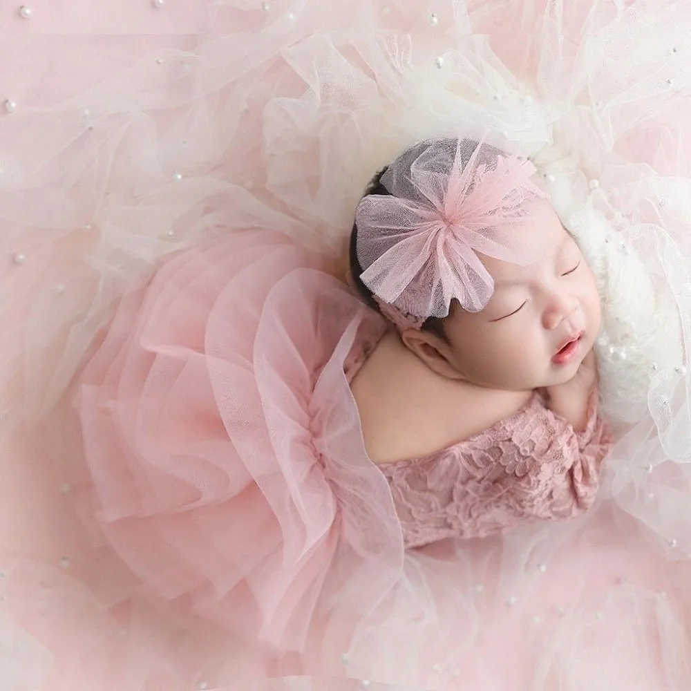 Creative Cute Newborn Lace Romper Sweet with Headband Fluffy Mesh Lace Skirt Photography Outfits Photo Shooting