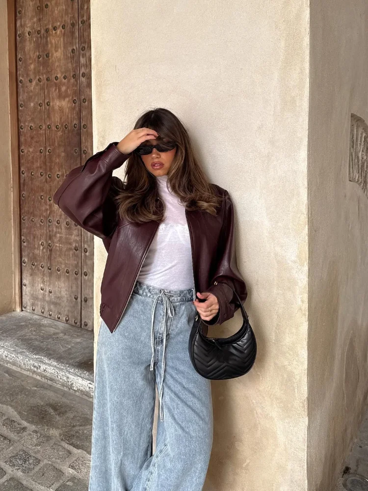 여성용 단색 PU 가죽 따뜻한 재킷, 우아한 긴팔 지퍼 크롭 코트, 여성 통근 거리 상의, 2024 가을 패션