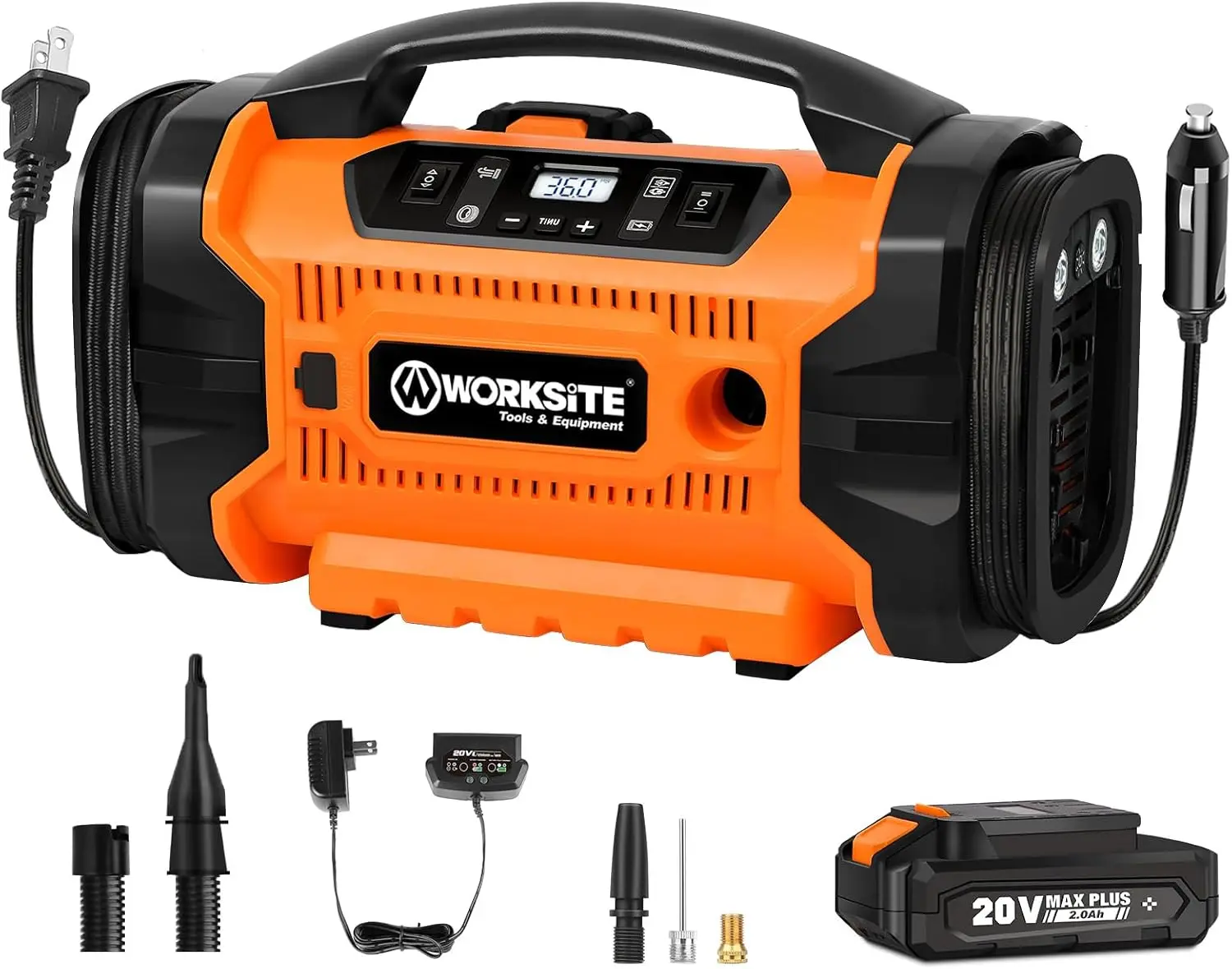 

Portable Tire Inflator 160 PSI Air Compressor with 3 Power Supplies for Cars, Bikes, Balls - Orange