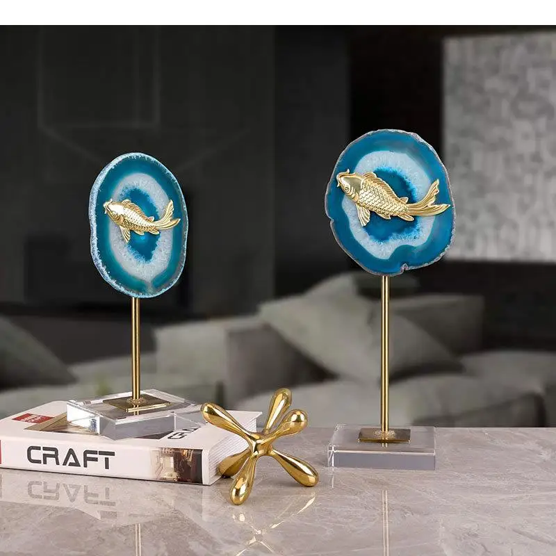 Blue Agate Carp Sculpture Crystal Base Crafts Ornaments Desk Decoration Golden Fish Statue Modern Artwork Room Aesthetics Decor