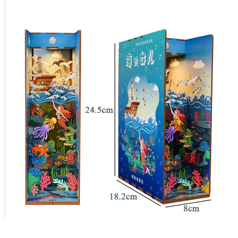 Imagem -05 - Diy Livro Nook Shelf Insert Kits Kit de Construção em Miniatura de Madeira a Sereia Bookend Underwater World Bookshelf Presentes Home Decor