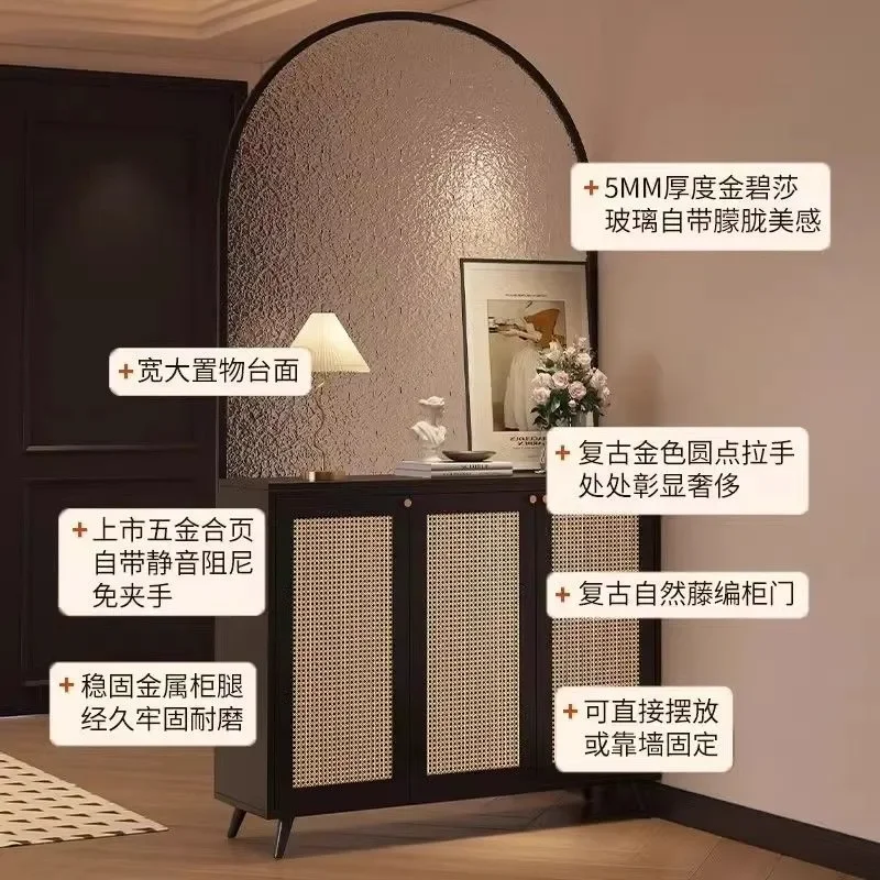 French Cream Style Entrance Shoe Cabinet with Glass Screen Partition Integrated Living Room Foyer Storage Unit Blocking View