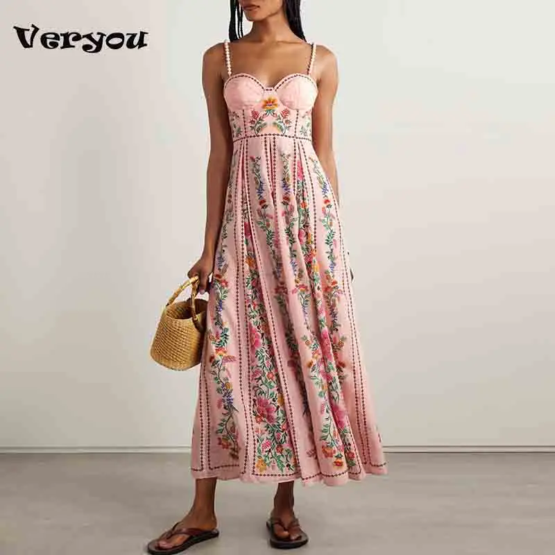 Temperamento Abito bohémien stampato floreale Donna Casual Vita alta Senza maniche Abito lungo senza schienale Donna Elegante abito da festa Boho