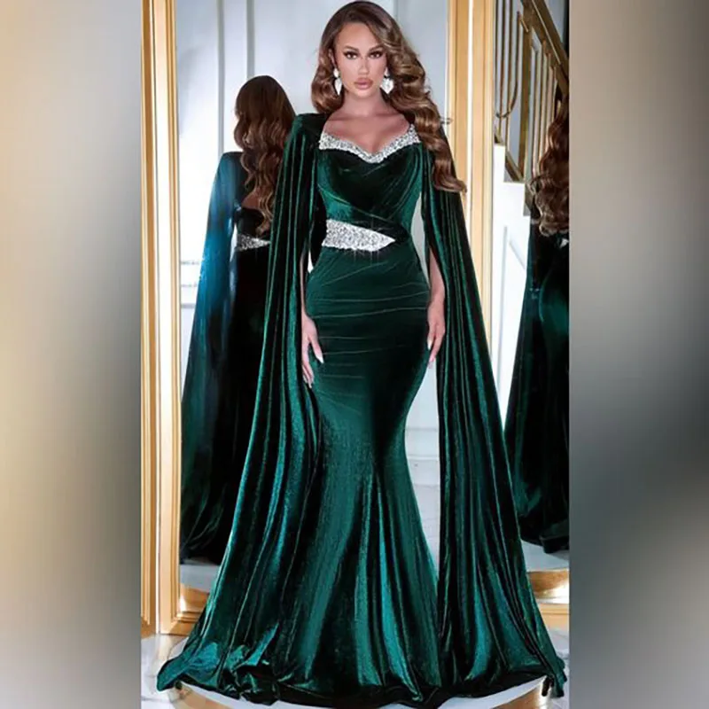 Green Velvet Cape Long Sleeve Chapel Train Evening Dresses Sweetheart Crystal Mermaid Formal Occasion Women Dress 2024