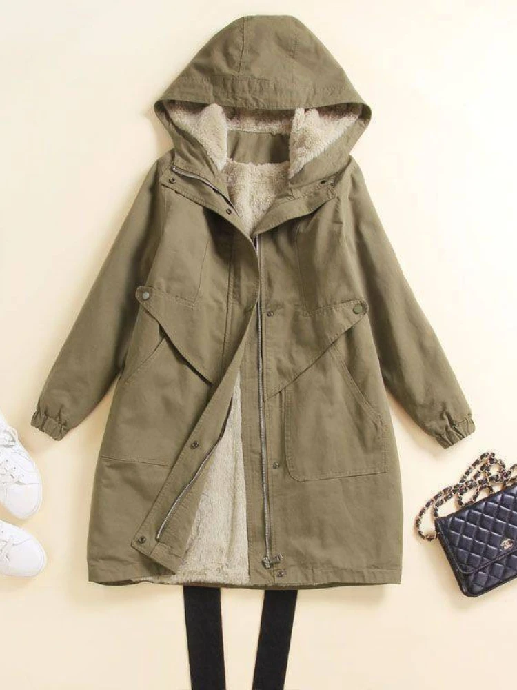 Parkas Women Mid Length Coats Hooded Zipper Jackets Full Sleeve Thick Y2k Streetwear Elegant Jacket Work Coat Autumn Winter 2025 5