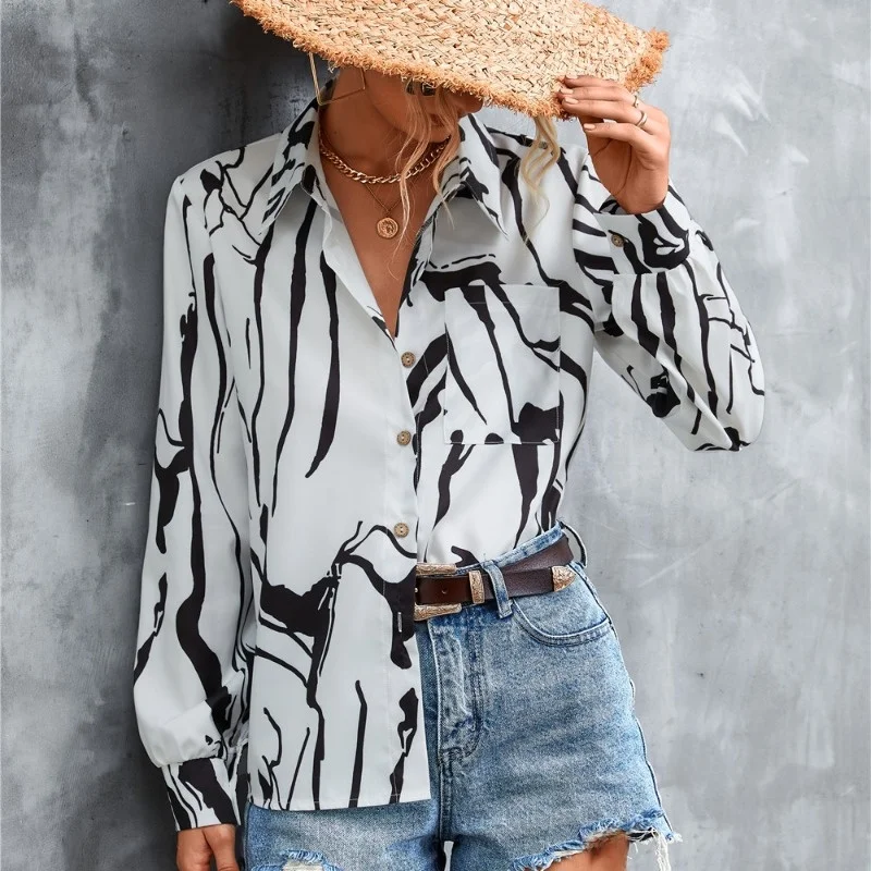 

OL Style Commute Long Sleeve Neck Print Shirt Women's Shirt Button Design Geometric Heart Print Versatile Fashionable