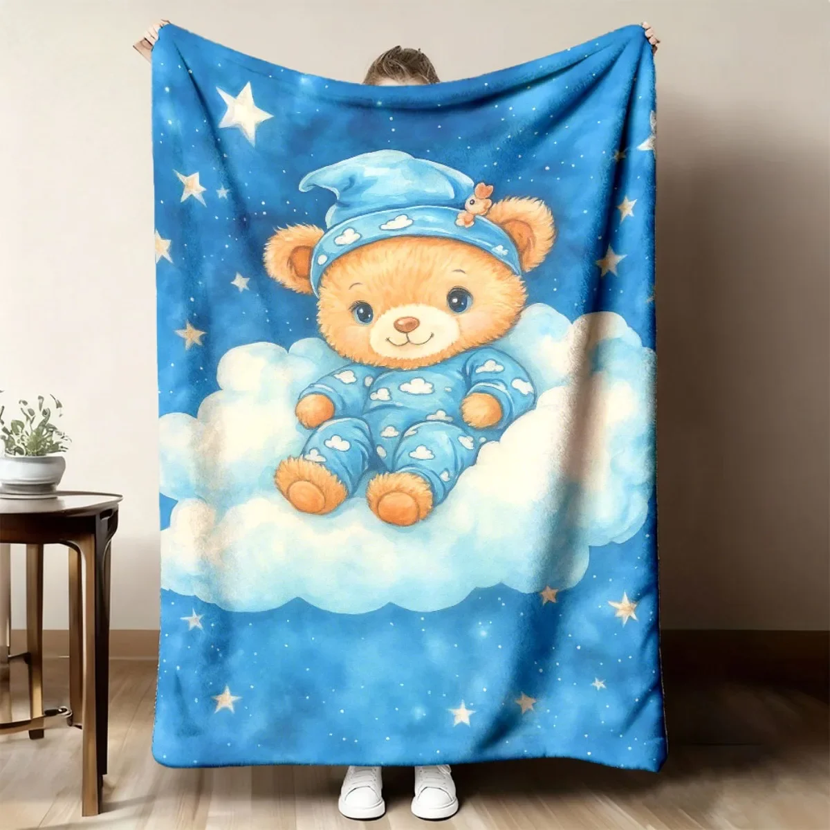Night Sky Cloud Sleepy Bear Star Throw Blanket For Sofa Bedroom Office Birthday Anniversary Cozy Comfort Blessing Gesture