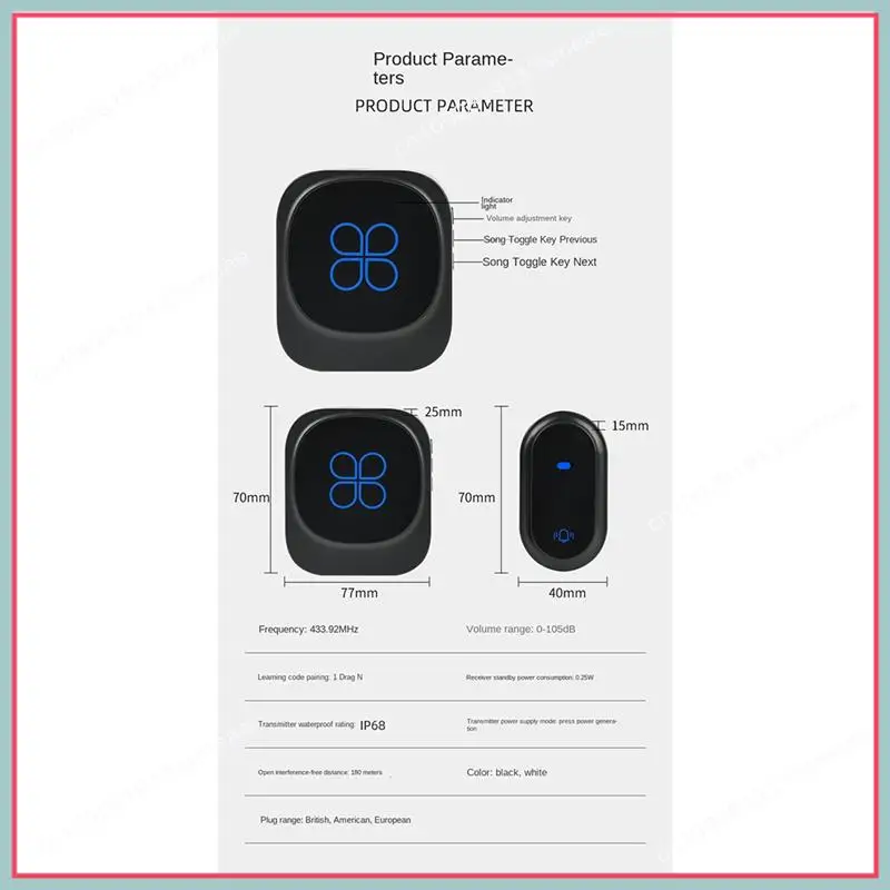 N94R Waterproof Smart Doorbell Wireless Doorbell IP68 Home Door Bell Intelligent 38 Songs 4-Level Volume Control