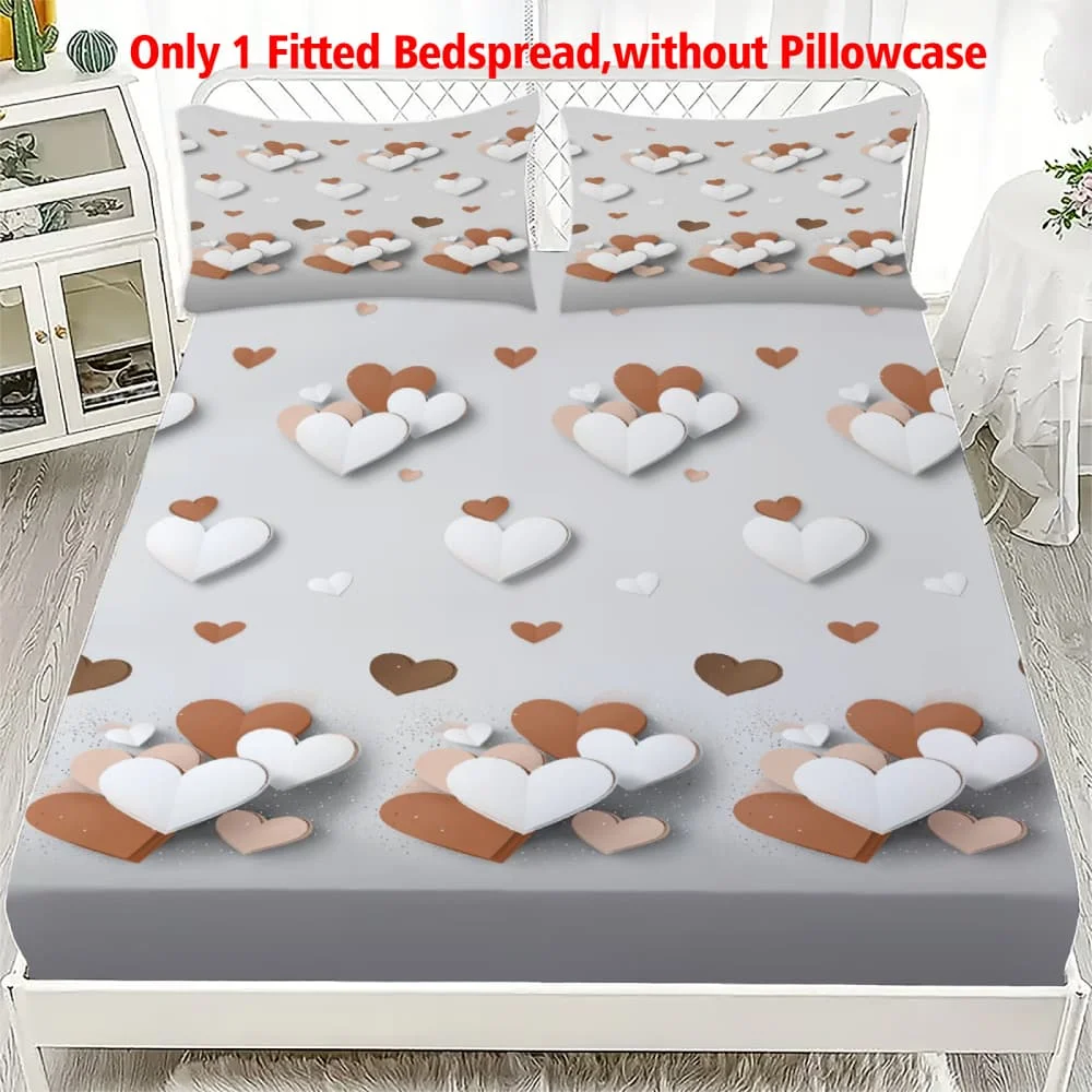 1pc Brown & White Love Heart Print Fitted Sheet Deep Pocket Elastic Mattress Cover Single Double Queen King Bedroom Decor