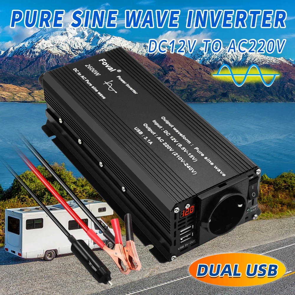 LED Pure Sine Wave Car Inverter 1500W/2200W/2600W DC 12V to AC 220V 230V Solar Transformer Converter USB EU Standard Socket