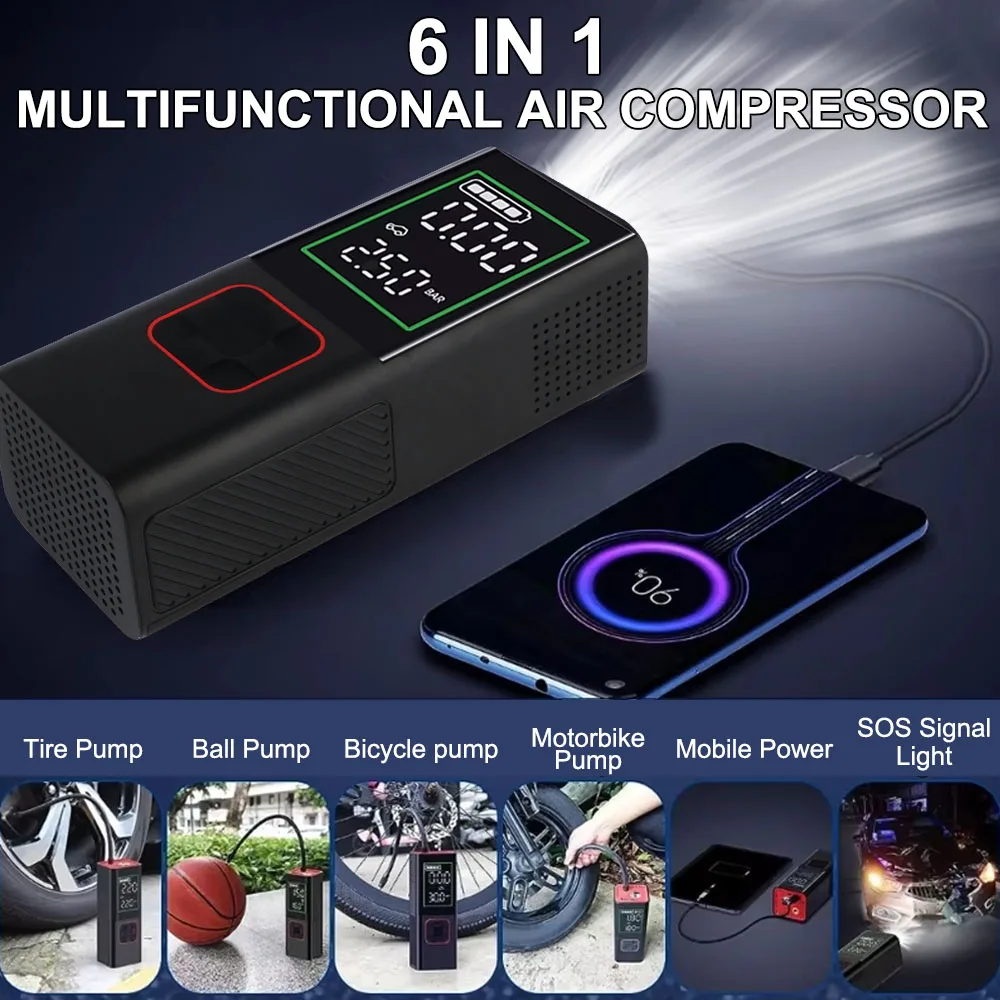 160PSI Tire Pressure Test 6000mAh 150W Portable Inflator Tire Air Pump With LED Flashlight Digital Car Air Compressor