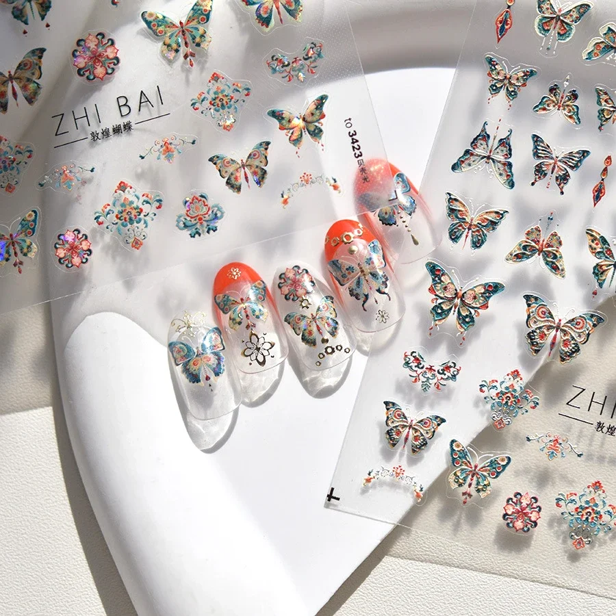 1 قطعة 5D الرجعية الملونة رسمت باليد فراشة ملصقات الأظافر قذيفة ضوء فراشة حجر الراين لينة الإغاثة مسمار الفن ملصقات #4
