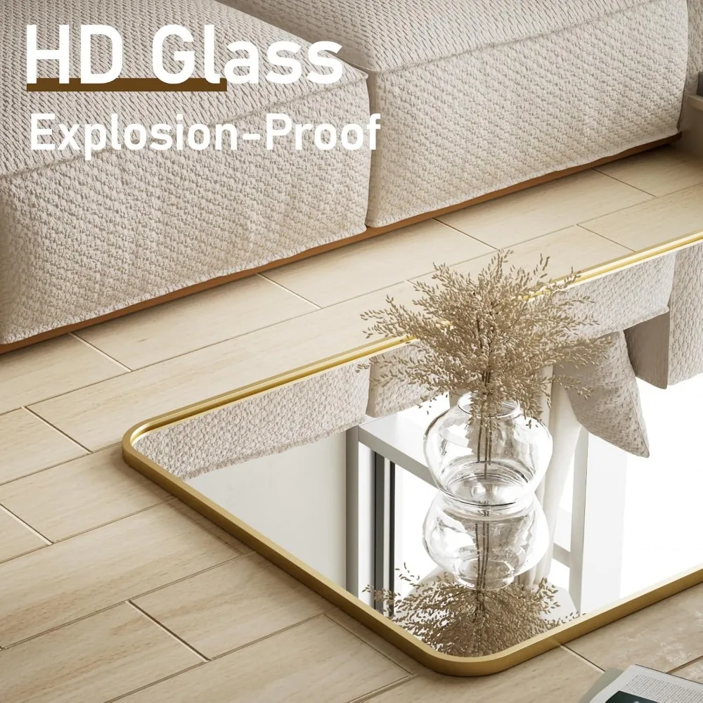 Gouden vloerspiegel over de volledige lengte van 71x26 inch met afgeronde hoeken voor staand of leunend, ideaal voor gebruik in de slaapkamer