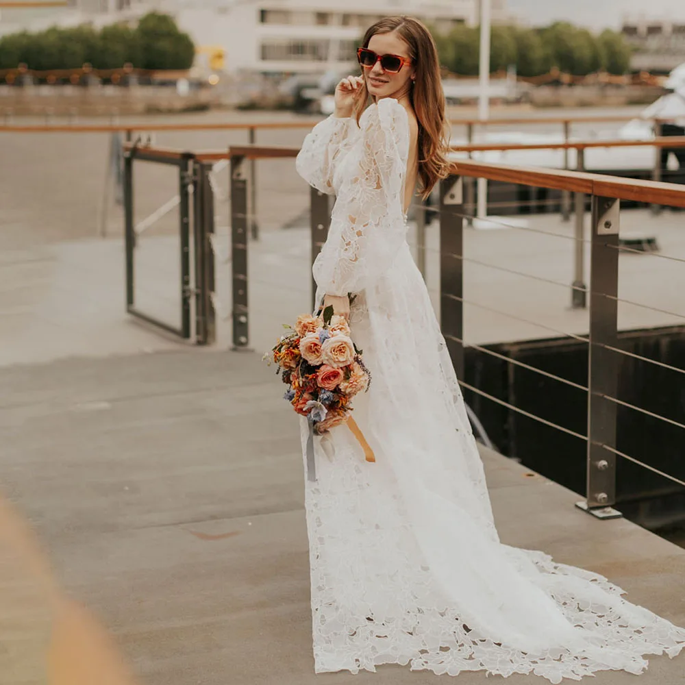 Customized Long Puffy Sleeves Cutout Lace Wedding Gowns Floral Square Neck Backless Unique Transparent Bohemian Bridal Dress